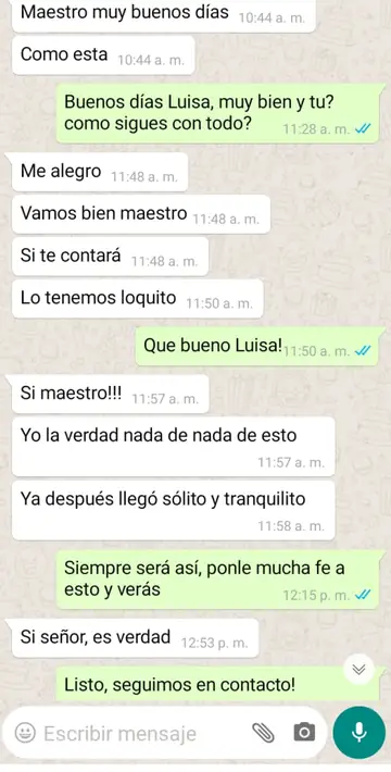 Captura de testimonio por WhatsApp sobre consulta espiritual